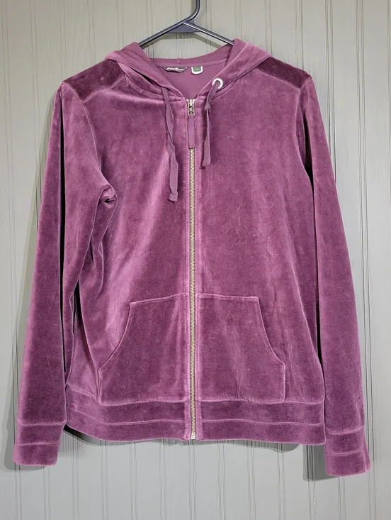 Eddie Bauer Velour Full Zip Hooded Sweatshirt Front Pocket Purple Women's Medium - Picture 1 of 7